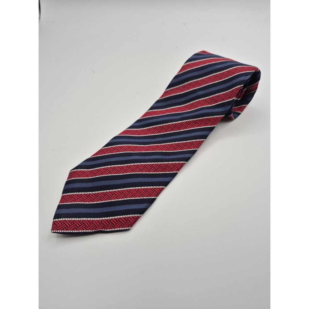 Ermenegildo Zegna 100% Silk Tie Red Navy Striped Made in Italy Luxury Designer